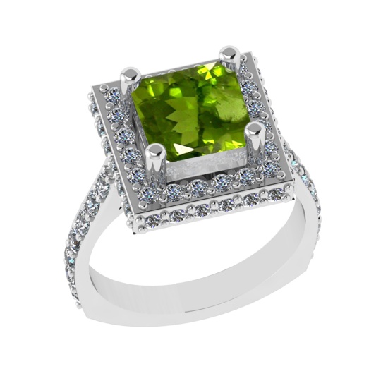3.21 Ctw VS/SI1 Peridot And Diamond 14K White Gold Engagement Ring( ALL DIA