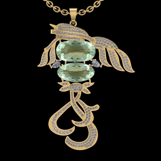 35.56 Ctw VS/SI1 Green Amethyst And Diamond 14k Yellow Gold Pendant Neklace