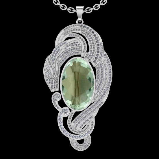 60.60 Ctw VS/SI1 Green Amethyst And Diamond 14k White Gold Pendant Neklace(