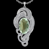 60.60 Ctw VS/SI1 Green Amethyst And Diamond 14k White Gold Pendant Neklace(