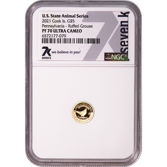 Cook Islands $5 Half Gram Gold 2021 U.S. State Animal Series--PA Ruffed Gro