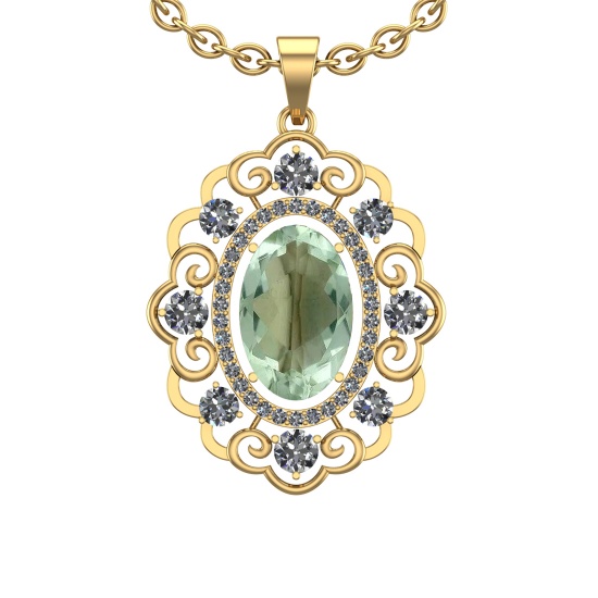 20.23 Ctw I2/I3 Green Amethyst And Diamond 10K Yellow Gold Necklace(ALL DIA