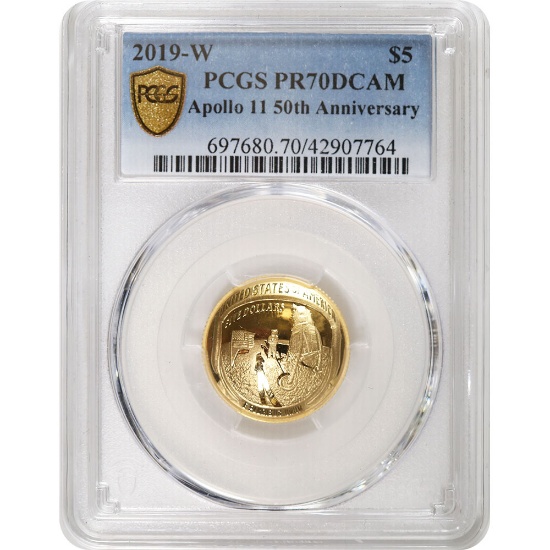 Certified $5 Gold Commemorative 2019-W Apollo 11 50th Anniversary PR70 PCGS