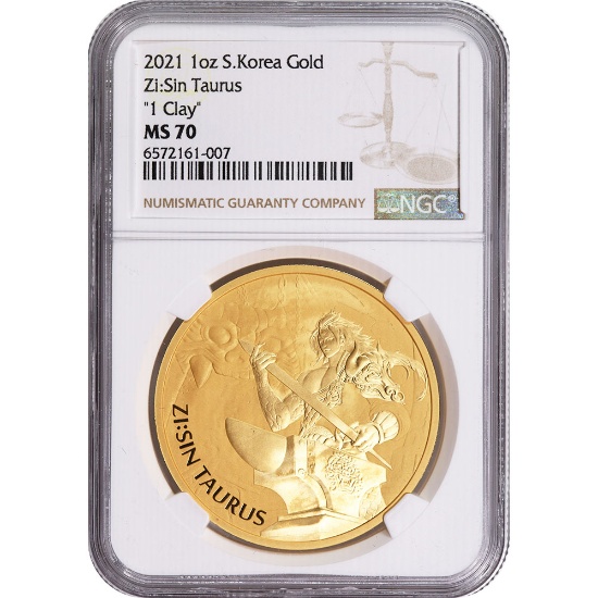 South Korea 1 Ounce Gold 2021 Zi:Sin Taurus MS70 NGC