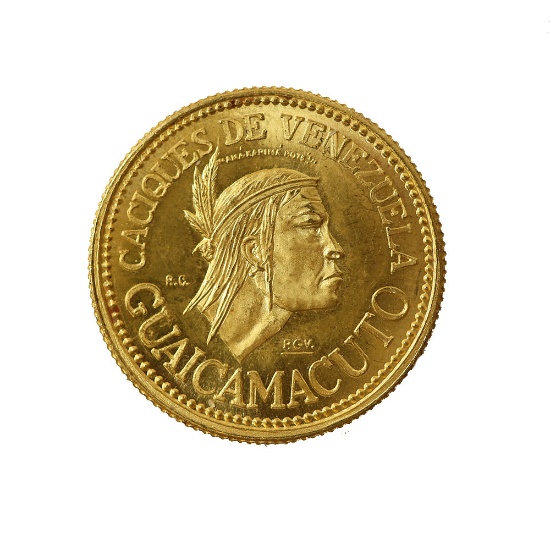 Venezuela 20 Bolivares Gold 1957 UNC Caciques de Venezuela--Guaicamacuto