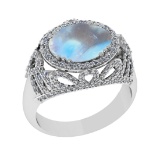 6.39 Ctw I2/I3 Rainbow Moonstone And Diamond 10K White Gold Engagement Ring