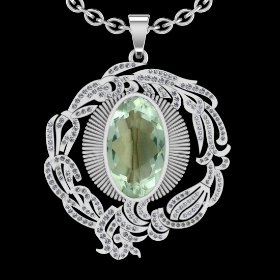22.03 Ctw VS/SI1 Green Amethyst And Diamond 14k White Gold Pendant Neklace(