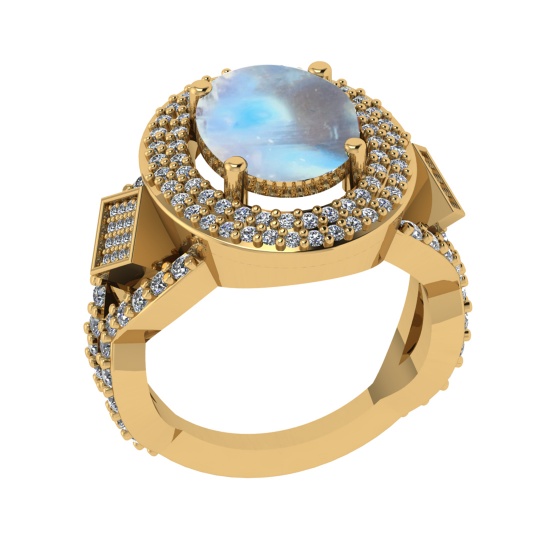 6.37 Ctw I2/I3 Rainbow Moonstone And Diamond 10K Yellow Gold Engagement Rin