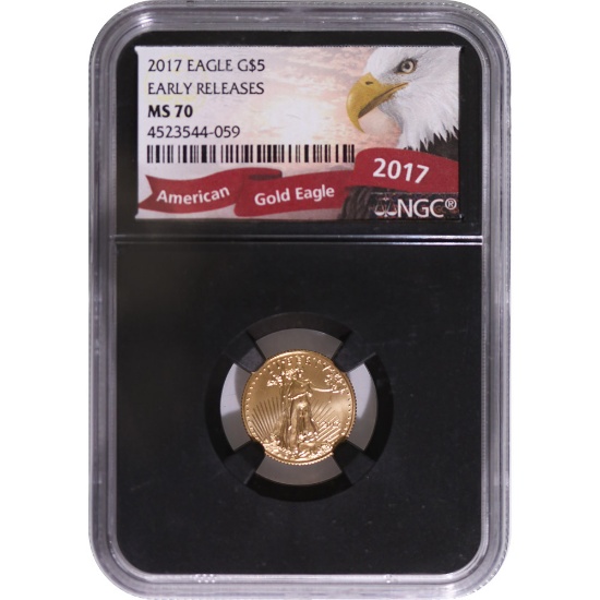 Certified American $5 Gold Eagle 2017 MS70 ER Black Core