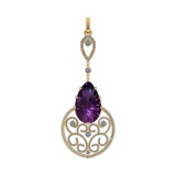 99.08 Ctw SI2/SI1 Amethyst and Diamond Prong Set 14k Yellow Gold Pendant (A