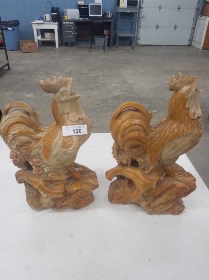 Pair Marble Rooster Statues