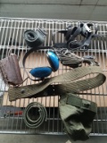 box lot assorted straps, belts, ear muffs & misc