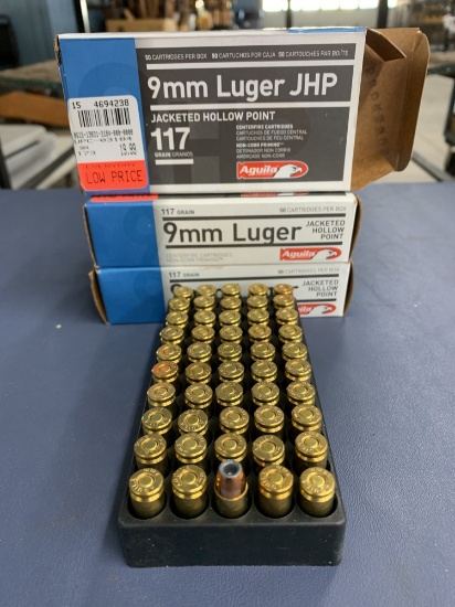 150 Rounds (3-50 rds boxes) Aguila 9mm 117 gr Luger JHP