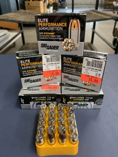 100 RDS (5-20 rd Boxes) Sig Sauer V-Crown 9mm Luger 115 gr JHP