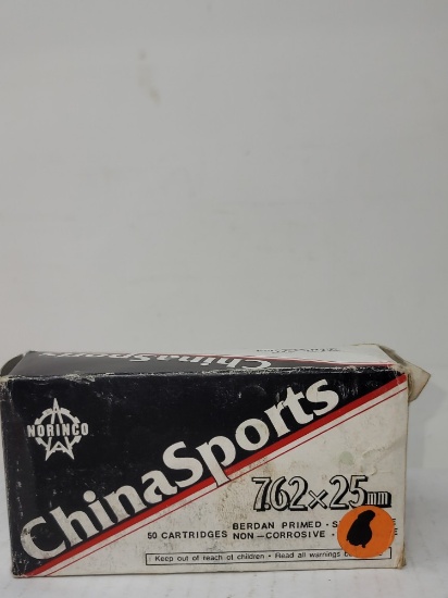 50 rnd box Norinco China Sports 7.62x25 Steel Case