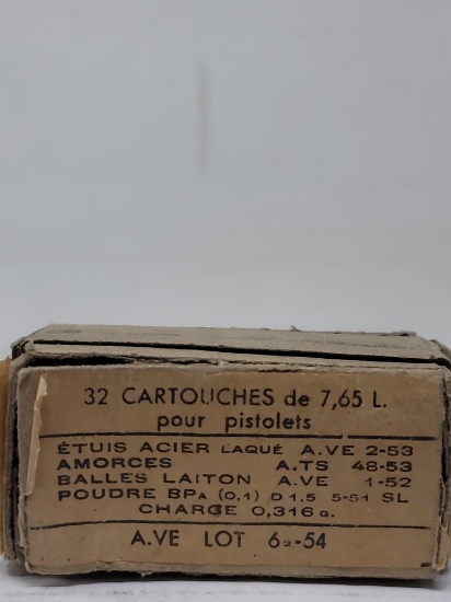 RARE box 30 rnds French 7.65 long pistol ammo