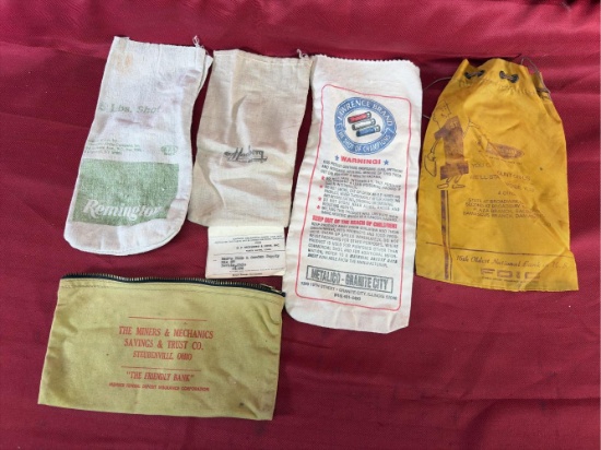 4 Canvas & 1 Nylon Bags-3 Ammo(Remington, Mossberg, Lawrence) & 2 Bank(1st National & Miners&Mechani