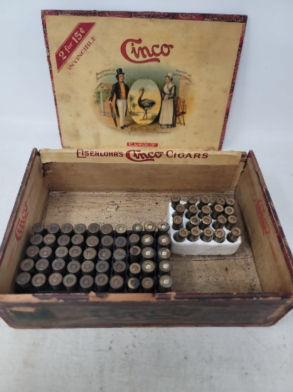 Wood Cigar box w/70 rnds unknown old ammo