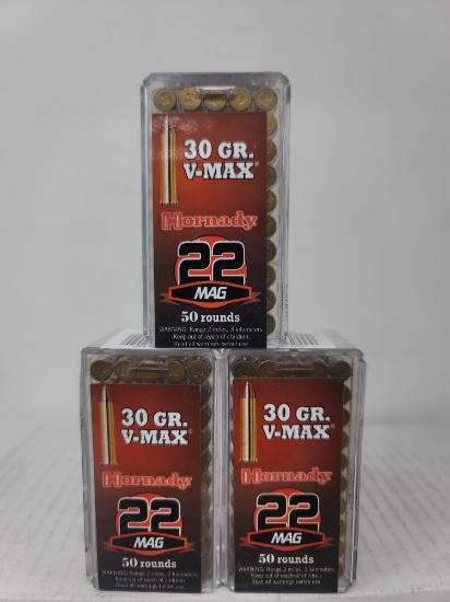 3-50 rnd box Hornady 22 Mag 30gr V-Max