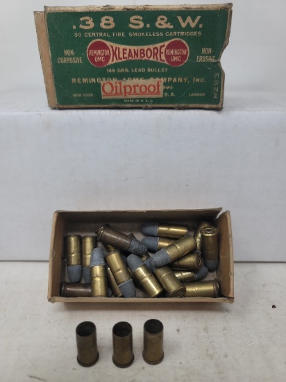 20 live rnds & 3 spent 38 S&W in original box (damaged)