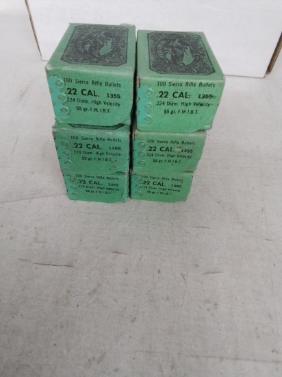 6 Boxes Sierra 22 caliber 55 gr bullets