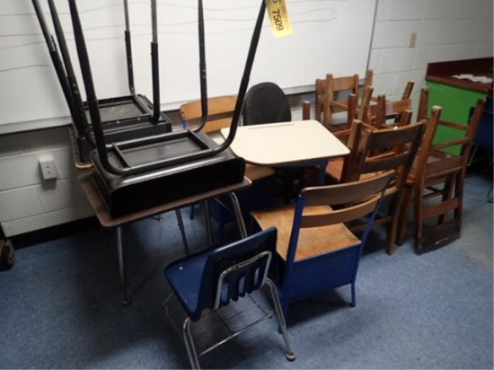 6 Desks, 6 Oak Chairs, 1 Office Chair