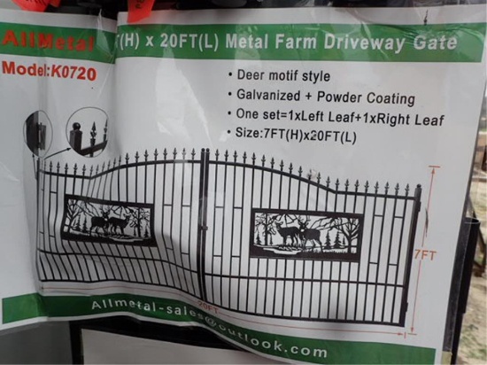 20' X 7' Bi-Parting Wrought Iron Gate - Deer Scene