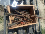 Wooden Box with Drill Bits and Miscellaneous Parts