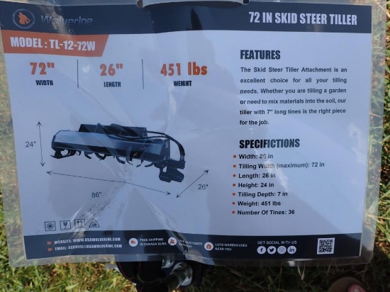 Skid Steer Hydraulic Rotary Tiller Model TL-12-72W