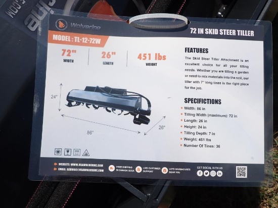 Skid Steer Hydraulic Rotary Tiller Model TL-12-72W