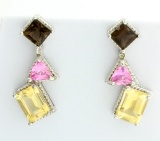 Modern Pink & Smokey Topaz With Citrine Earrings