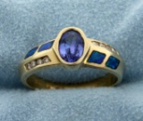 Tanzanite, Black Opal, And Diamond Ring