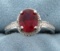 Lab Ruby Oval Cut 7x9mm And Diamond Ring Vintage Style In Sterling Silver