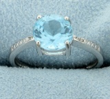 Large 1.6ct Blue Topaz Ring With Diamonds