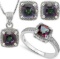 Cushion Cut Mystic Topaz And Diamond Ring Earring And Necklace Set In Sterling Silver