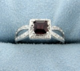 Garnet And Diamond Ring In Platinum Over Sterling Silver