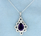 Amethyst And Diamond Sterling Pendant With Chain