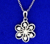 Diamond And Sterling Silver Flower Pendant
