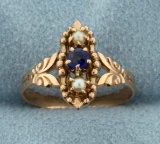 Vintage Sapphire And Seed Pearl Ring In 14k Rose Gold