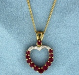 Ruby And Diamond Heart Pendant On 14k Gold Chain