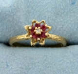 Ruby And Diamond Flower Ring With Nature/branch Design Shank In 10k Gold