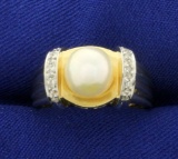 Akoya Pearl And Diamond Ring In 14k Gold