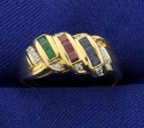 Sapphire, Ruby, Emerald, And Diamond Ring In 14k Gold