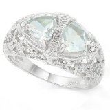 Filigree 2 Stone Aquamarine Ring With Diamond In Sterling Silver