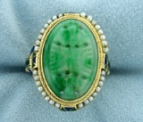 Vintage Jade, Seed Pearl, And Enamel Asian Ring In 14k Gold