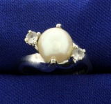 Akoya Pearl And White Sapphire Ring In 14k White Gold