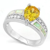 Pear Cut 3ct Lab Yellow Sapphire Ring With Fire Opal In Sterling Silver