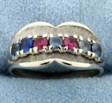 Ruby, Sapphire, Aquamarine, And Blue Topaz Ring In 14k White Gold