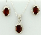 Garnet 1.4ct Tw Earring And Pendant Set With Diamonds In Sterling Silver