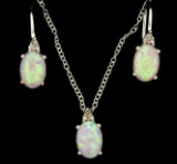 Pink Lab Opal Earring And Pendant Set With Diamonds In Sterling Silver